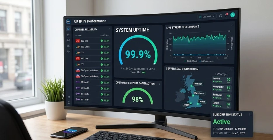 Best IPTV provider UK — 99.9% uptime dashboard and streaming quality statistics for UK IPTV Subscription